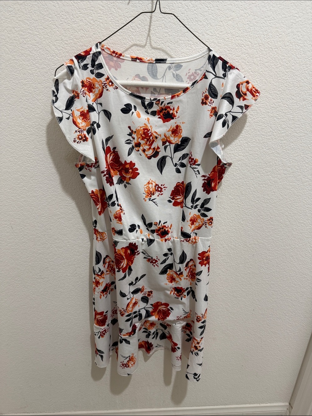 White Floral Sleeve Dress with Rust Rose Print